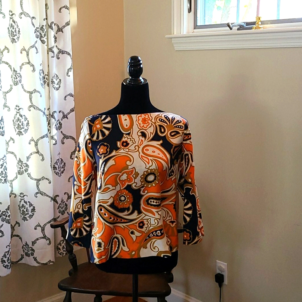 Beautiful silk foulard orange, navy and gold top